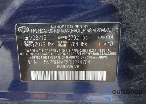 2013 Hyundai Elantra Gls from USA, damaged, VIN 5NPDH4AE5DH274704